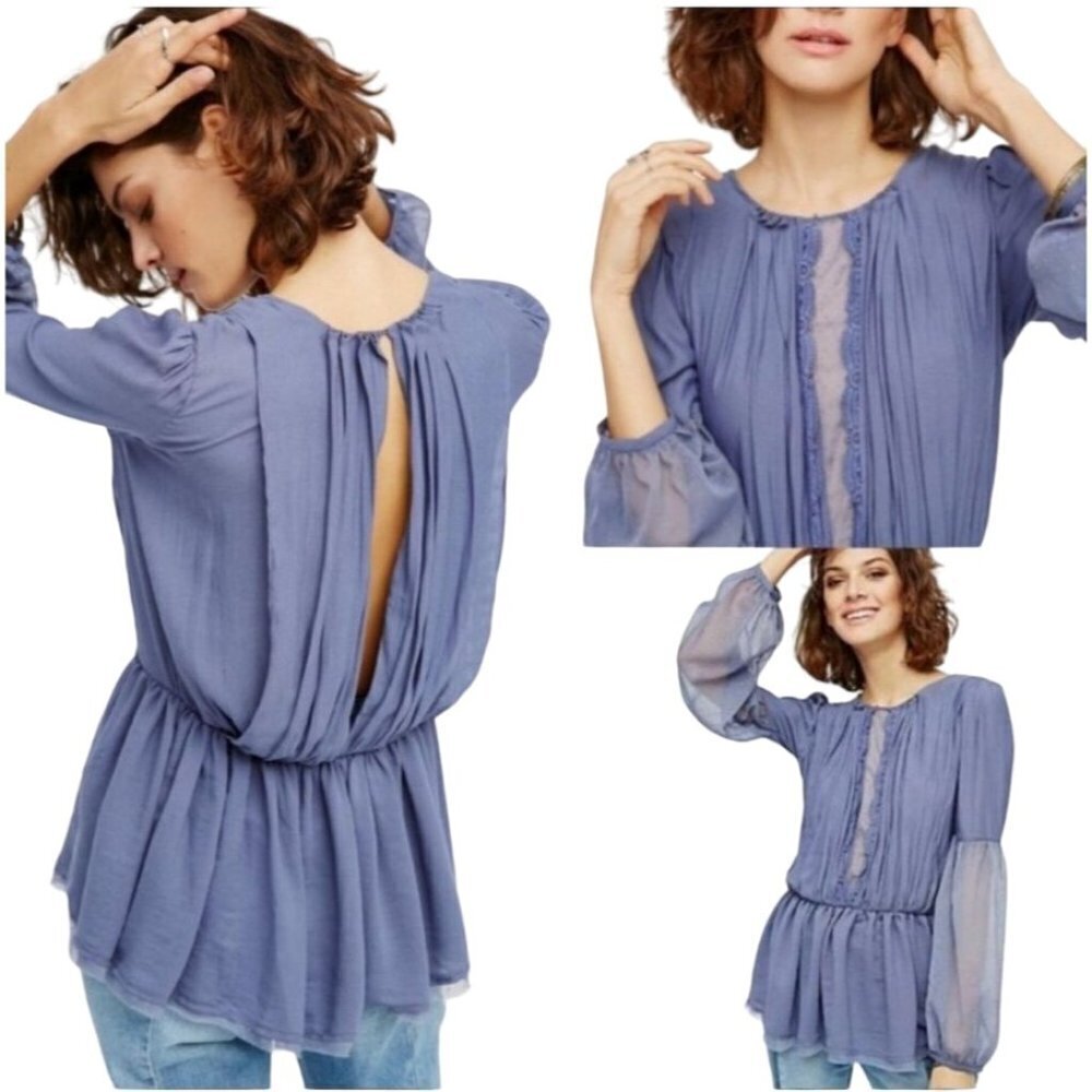Free People Size M River Blue The Soul Serene‎ Boho Babydoll Flowy Blouse Top